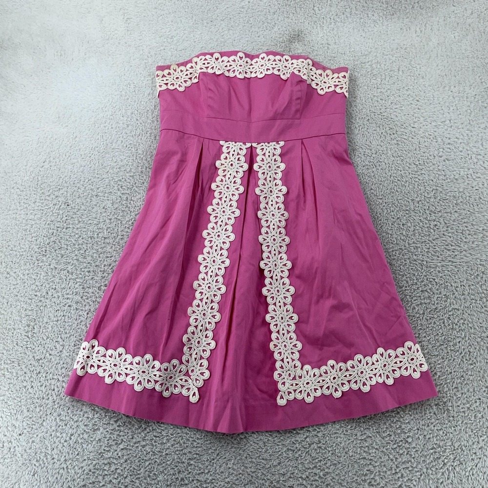 Lilly Pulitzer Dress Womens 8 Pink Strapless Lace Trim A-Line Fit‎ Flare Eyelet